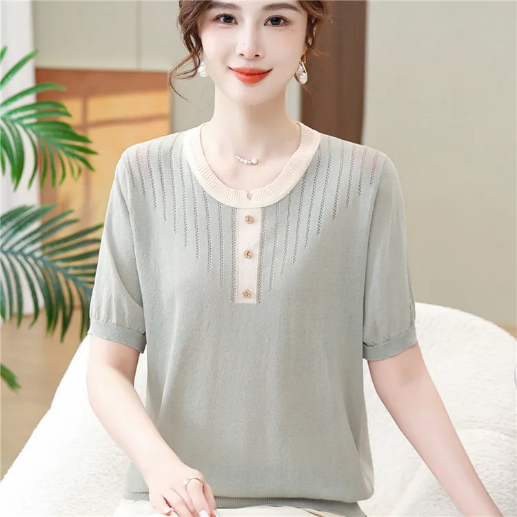 母亲节妈妈夏装短袖冰丝t恤新款小衫中老年女装洋气针织上衣50岁