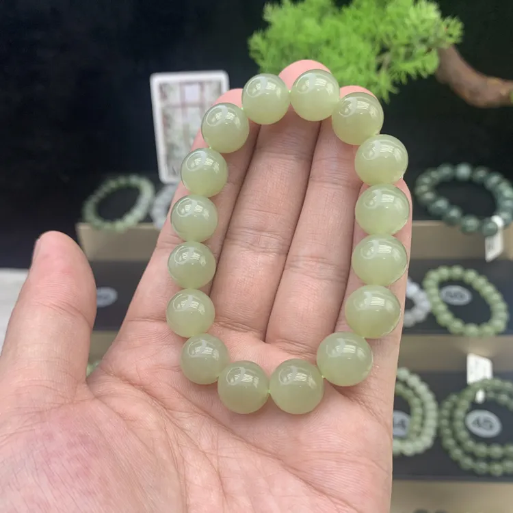 和田玉单圈素圈晴水湖水绿卡12玉手串珠父亲礼物男款多样性发一条