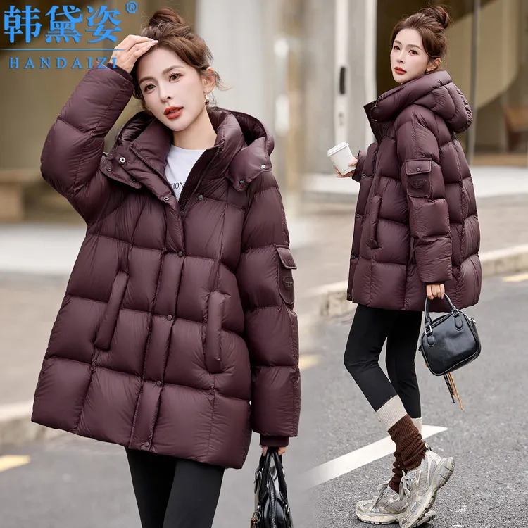 时尚宽松高级感加厚羽绒服女中长款2025冬装新款90白鸭绒连帽外套