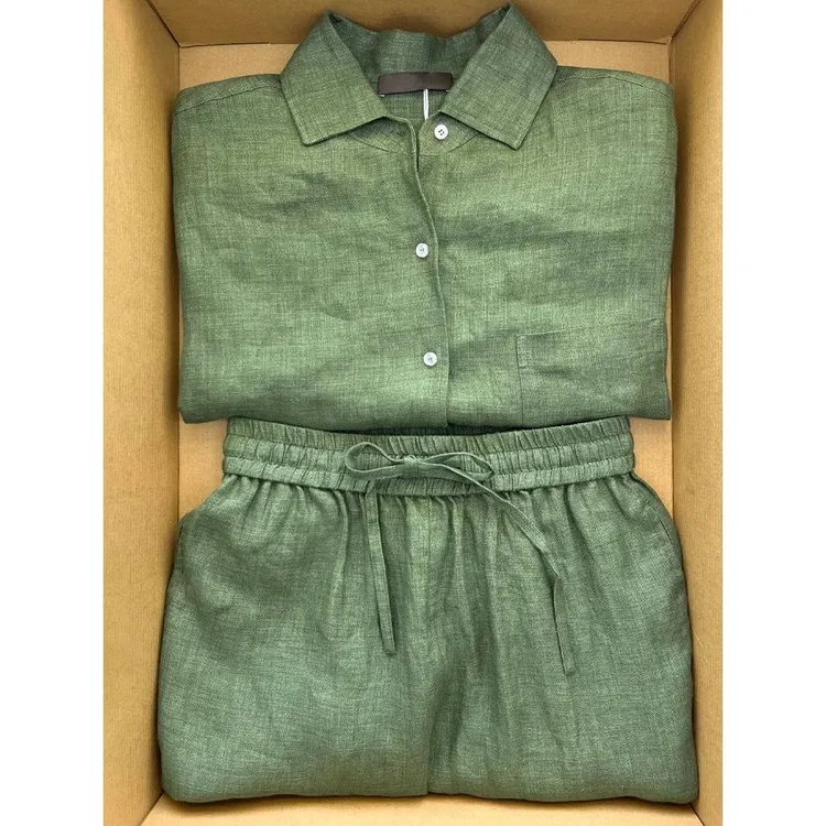 清冷老钱风穿搭绿色亚麻衬衫阔腿裤休闲套装男士秋季加大码300斤