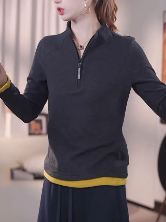 双面绒撞色拼接半拉链卫衣女秋冬新款百搭长袖t恤打底衫加厚上衣