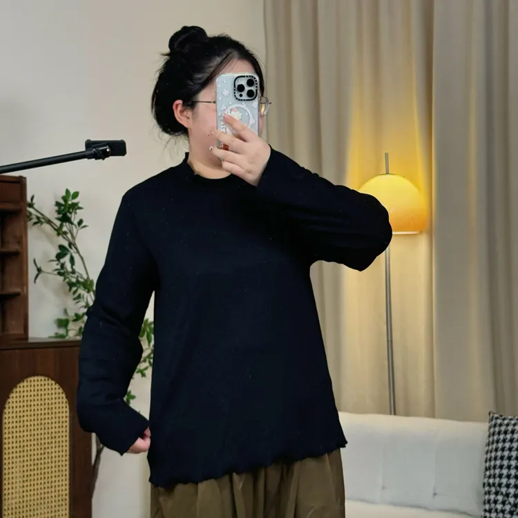 新款正肩显瘦大码女装裸感肌底弹力微高立领木耳边打底衫