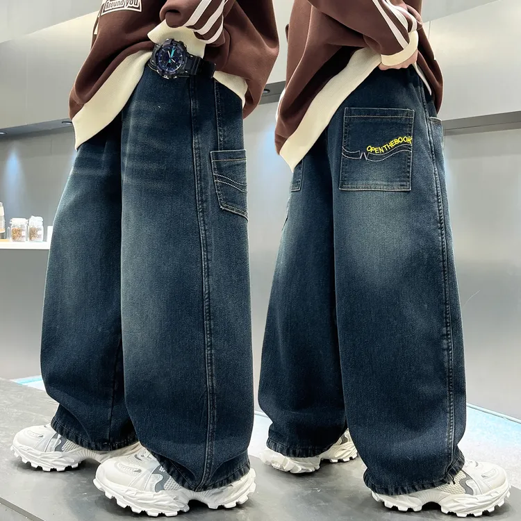 儿童牛仔弯刀裤冬季加绒加厚中大童渐变刺绣字母百搭男女童裤子潮