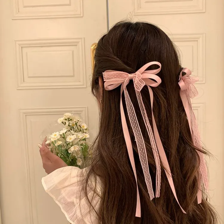芭蕾风丝带绑发蝴蝶结发夹边夹侧边前额碎发夹甜美公主鸭嘴夹发饰