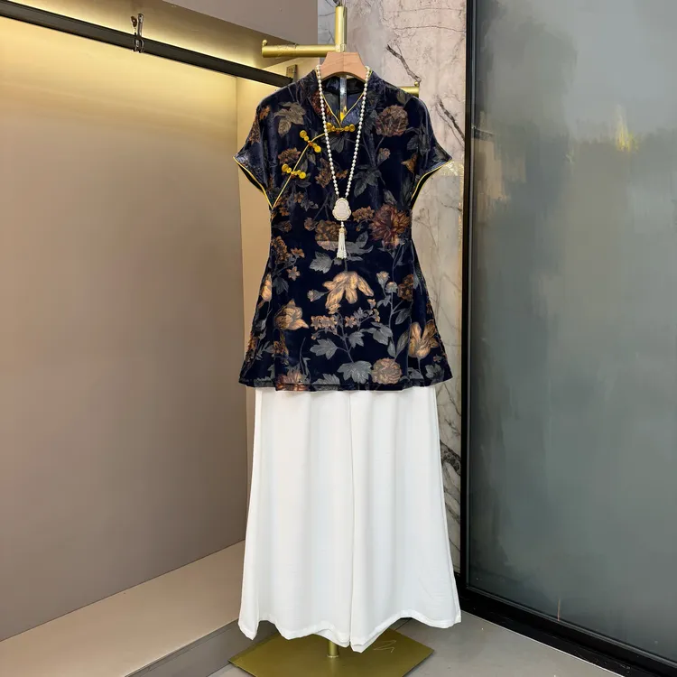夏日御姐穿搭气质女神范高端新中式国风印花上衣裤子套装81852