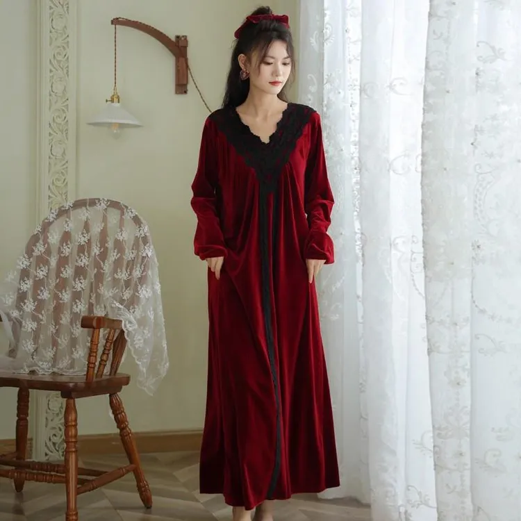 女款睡衣女高级感金丝绒睡裙秋冬红色新中式新娘冬季晨袍睡袍长款