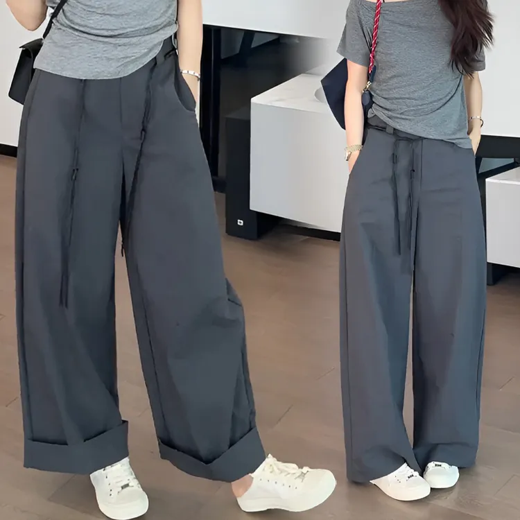 纯色高腰休闲阔腿裤女2025夏季新款小个子薄款宽松显瘦工装长裤子