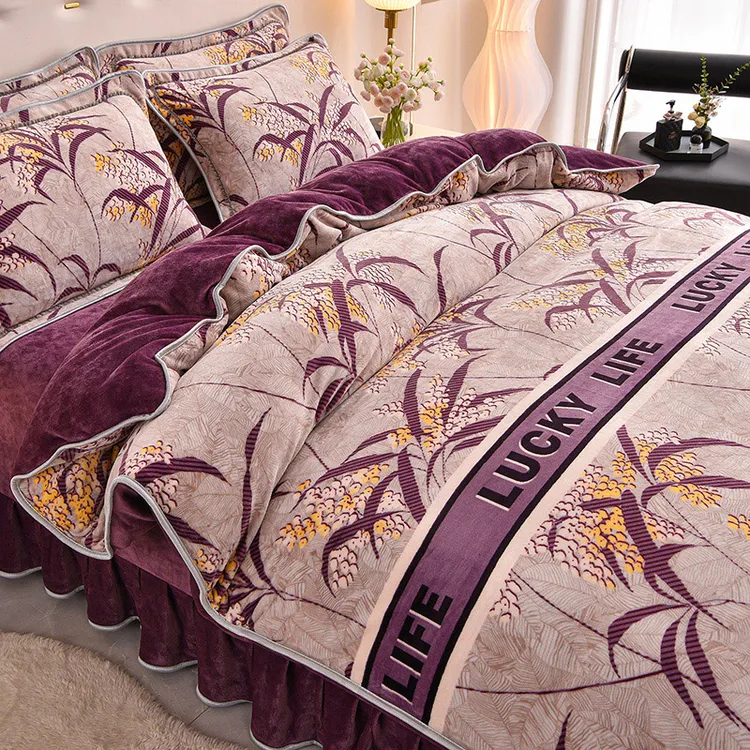 冬季加密加厚牛奶绒四件套防静电印花床裙款双面保暖牛奶绒四件套