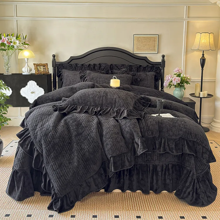 冬季保暖高克重压花婴儿绒夹棉床盖四件套加厚双面绒被套床裙床单