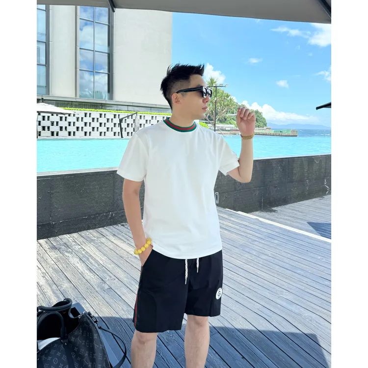 【织带短袖】夏日清爽老钱简约红绿条纹男士短袖休闲情侣T恤WYG9760