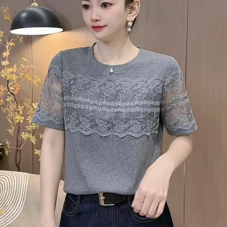 【6506】新品纯夏季宽松显瘦蕾丝拼接上衣