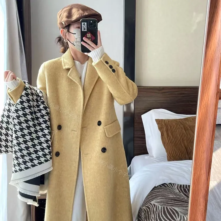 【文职风】蓝色双面大衣女中长款2025秋冬新款高级感双排扣毛呢外套