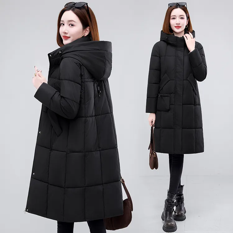 2025冬季新款保暖棉服女中长款上衣外套连帽修身加厚棉袄外套