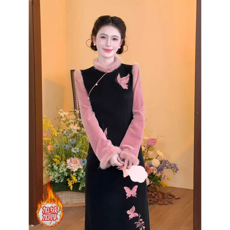【绮梦幻影】秋冬大码高端小个子复古新中式蝴蝶刺绣轻奢外套长裙