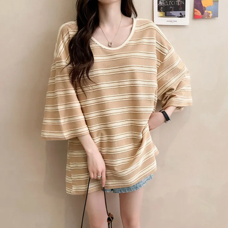 条纹色织条纯棉中长款短袖T恤女2025新款夏季宽松大版时尚上衣服