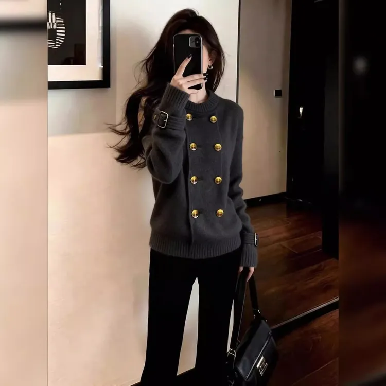 美式复古风时尚百搭休闲随性松弛灰色毛衣外套女2026冬双排扣开衫