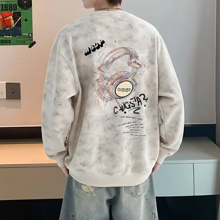 潮牌美式圆领扎染卫衣男装时尚潮流宽松大码长袖上衣青少年打底衫