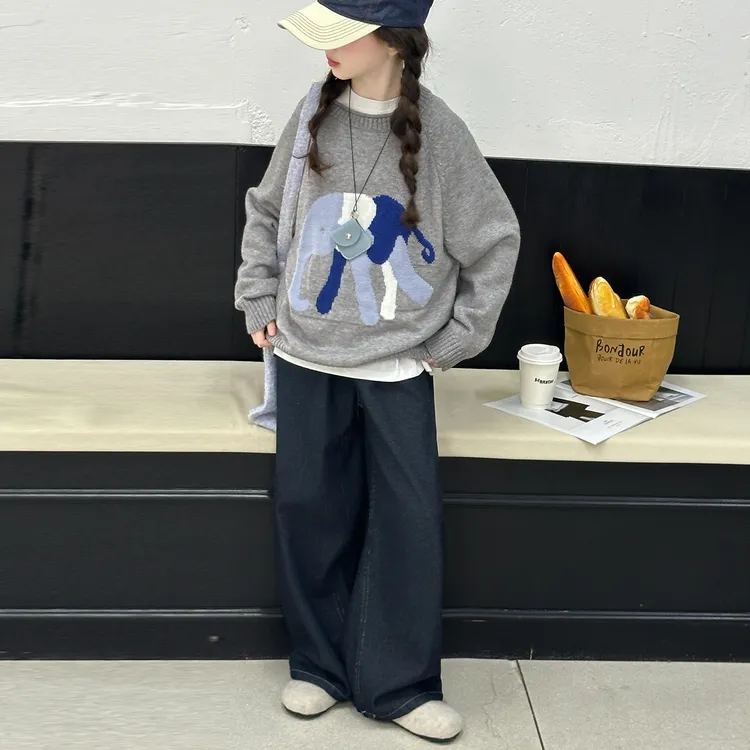 女童秋装提花毛衣套装2025新款洋气儿童针织衫春秋牛仔裤两件套