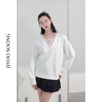 JIYOOSOONG | 小众慵懒风柔雾奶白蕾丝边V领长袖卫衣