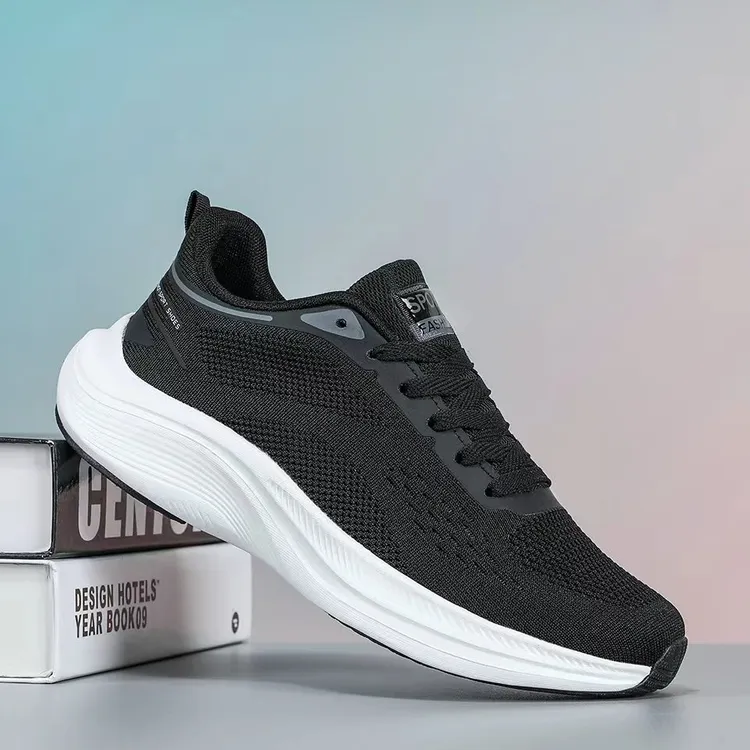 休闲健步透气系带防水公路跑步鞋舒适运动鞋男士飞织