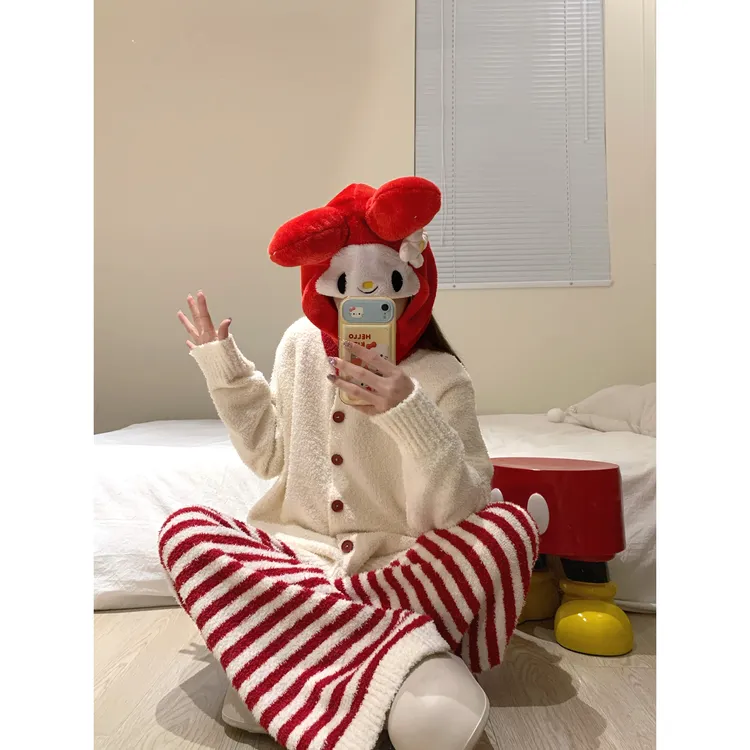 软萌可爱条纹撞色半边绒睡衣女秋冬新款长袖长裤可外穿家居服套装