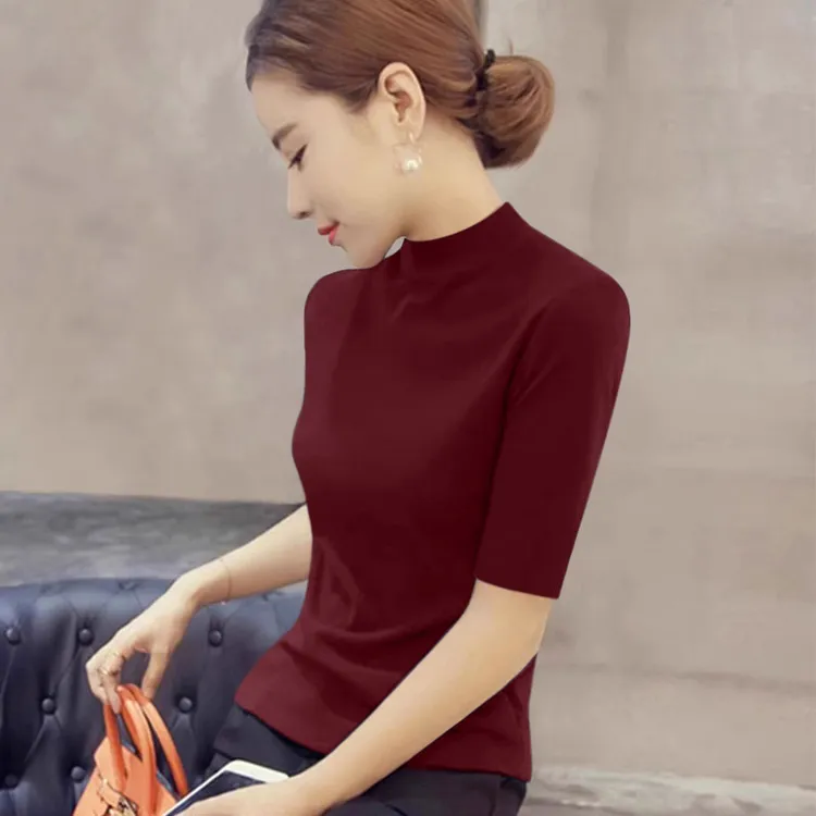 半高领五分袖套头修身打底女秋季简约百搭时尚舒适内搭上衣针织衫
