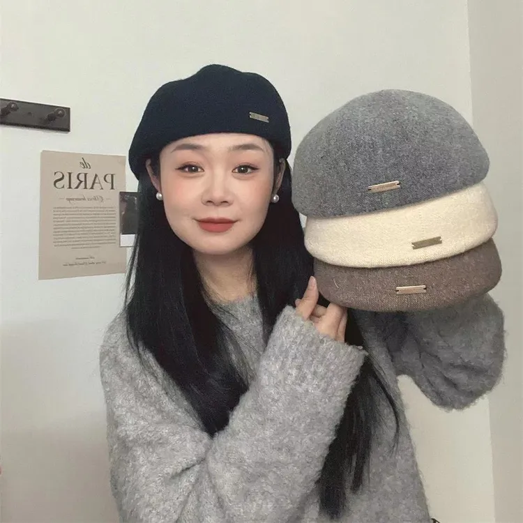 优雅气质百搭贝雷帽子女春秋新款针织帽复古毛呢保暖画家帽前进帽