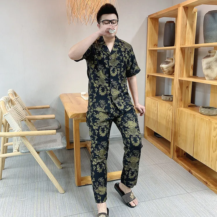 大码男士休闲棉麻印花短袖睡衣套装2025夏季薄款高档可外穿家居服