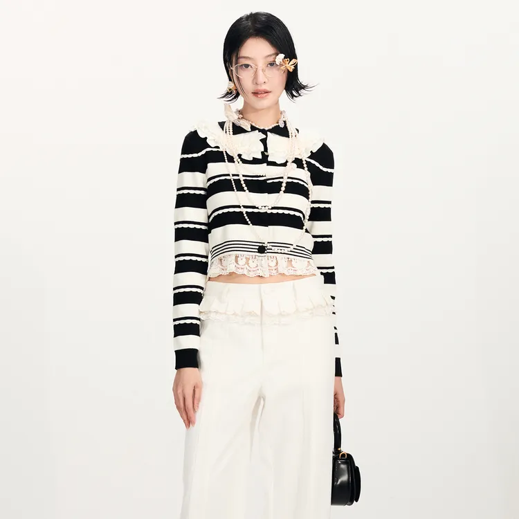 lefame拉飞姆2026早春新品时尚洛可可饰边条纹针织开衫