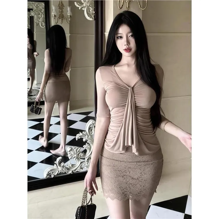 纯欲风辣妹性感夏季新款半袖T恤女修身显瘦深V领上衣女蕾丝半身裙