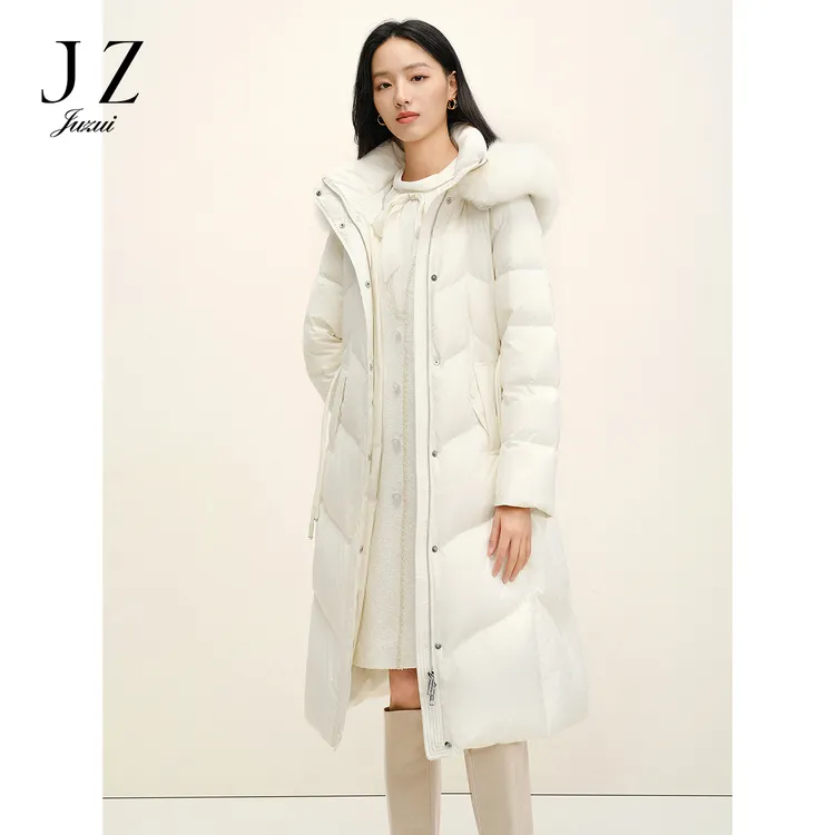 JUZUI玖姿JTFD03107狐狸毛领长款收腰鸭绒羽绒服女2025冬季新款