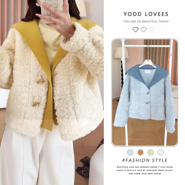2025秋冬季新款韩版时尚拼接针织翻领皮毛一体女加厚毛毛短款外套