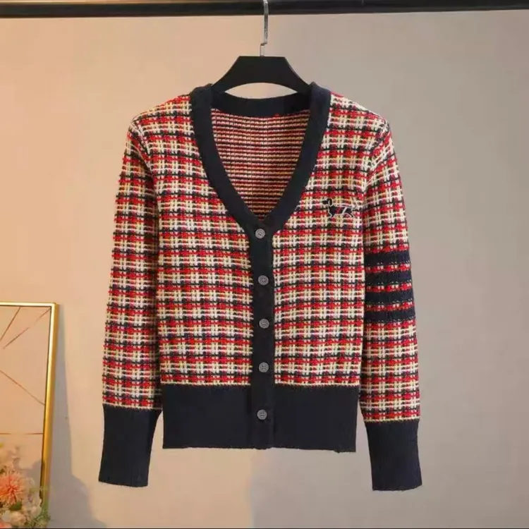 红格子腊肠狗小香风针织衫开衫外套女5004