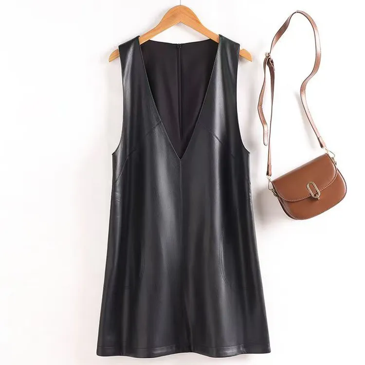 【CAREFREE轻奢】529海宁真皮绵羊皮新款无袖马甲裙女皮裙