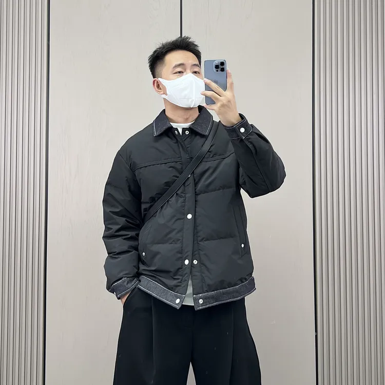 梅一天牛仔拼接翻领假两件轻薄款羽绒服男冬季设计感白鸭绒外套潮