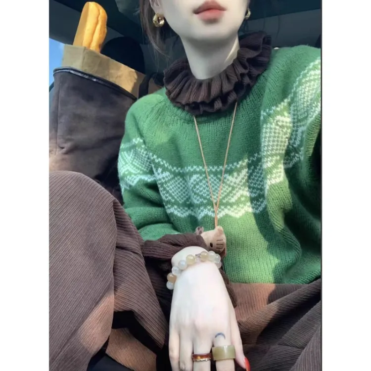 复古费尔岛绿色套头毛衣女秋冬季加厚保暖慵懒风高级感针织衫上衣