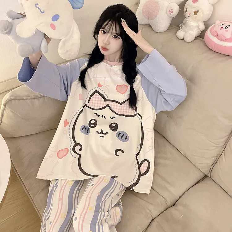 纯棉睡衣女春秋季长袖卡通可爱春秋款加大码学生可外穿家居服套装