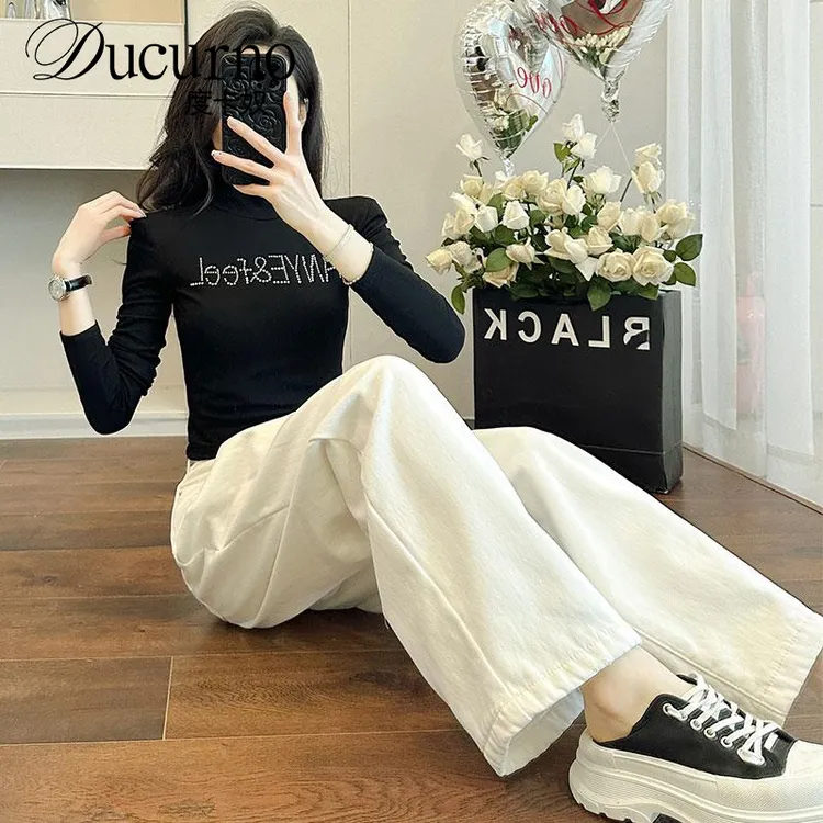 洋气时尚长袖套装女2025修身烫钻T恤阔腿牛仔裤两件套休闲减龄潮