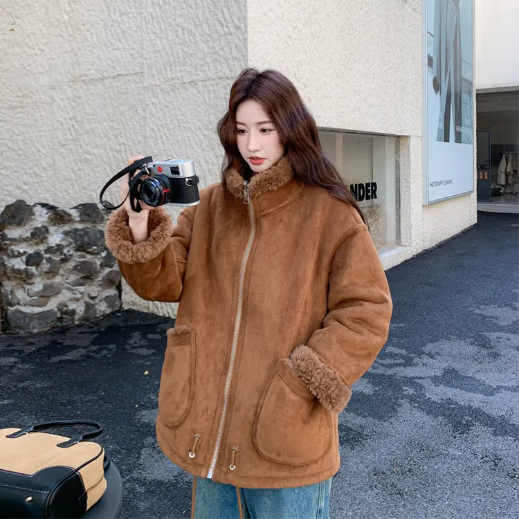 甜酷风美拉德羊羔毛皮毛一体外套2025冬季新款两面穿保暖加厚棉衣