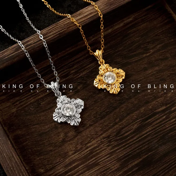 铜合金合成锆石吊坠 国风传统纹样柿蒂花吊坠项链气质经典