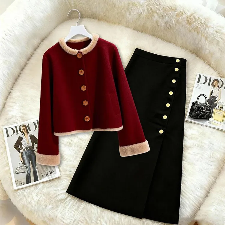 INS CEC冬季新款韩版时尚复古超好看外套显瘦半身裙一整套装爆款