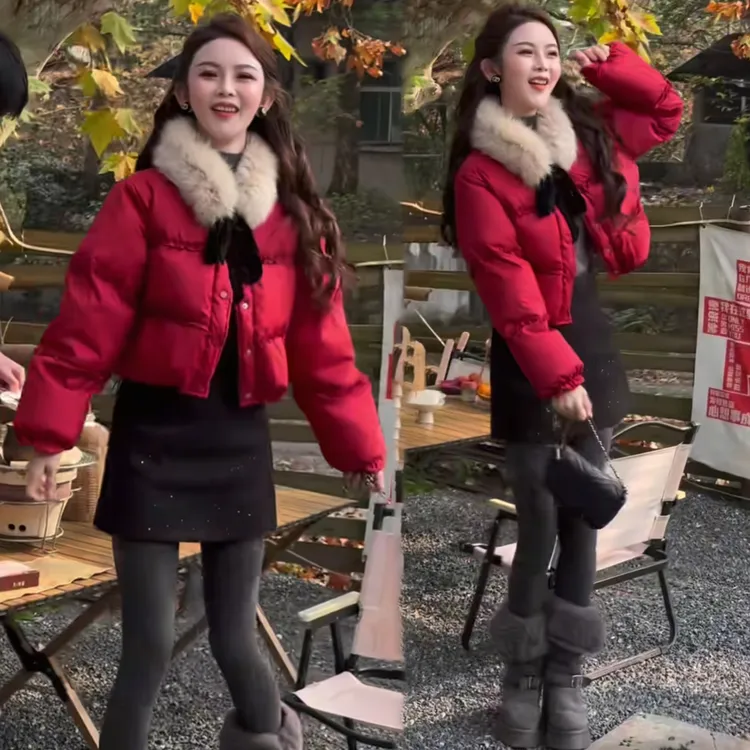 荷叶边少女心棉服外套跨年战袍女装2025冬季短款毛领棉袄百搭棉衣