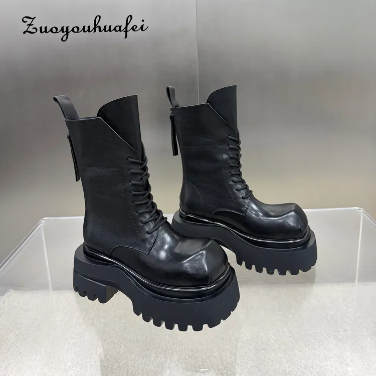 【左右华菲】7.5真皮厚底英伦风中筒马丁靴秋冬复古增高显瘦机车靴