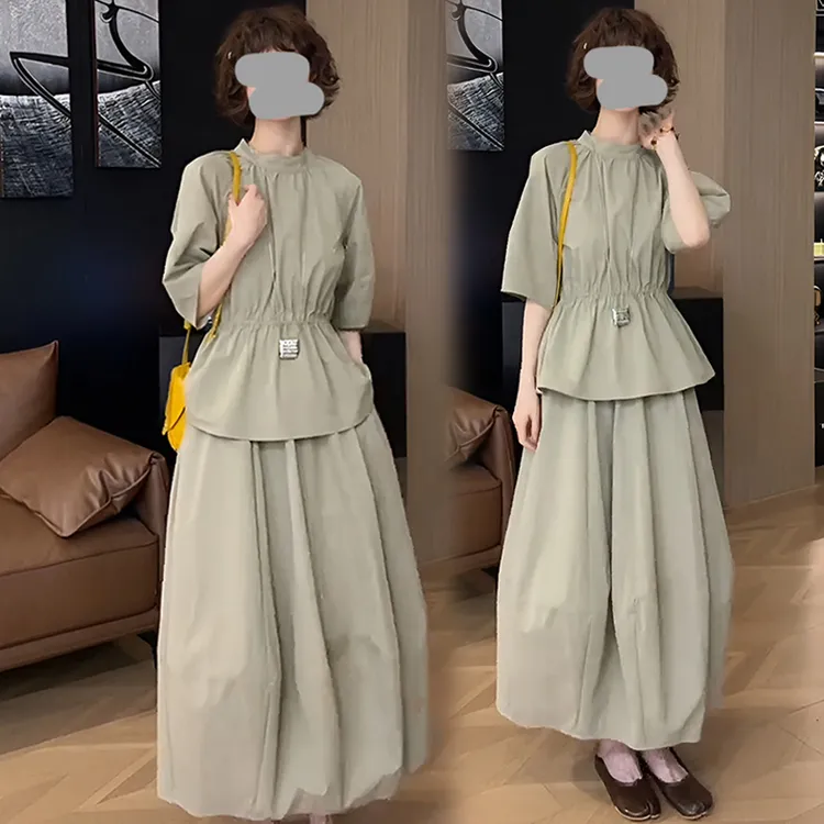 韩版设计感褶皱收腰衬衫2025夏季时尚高腰显瘦花苞裙套装女