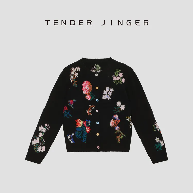 Tender Jinger【繁花】多色嵌花刺绣绵羊毛针织开衫T53KJJ41309