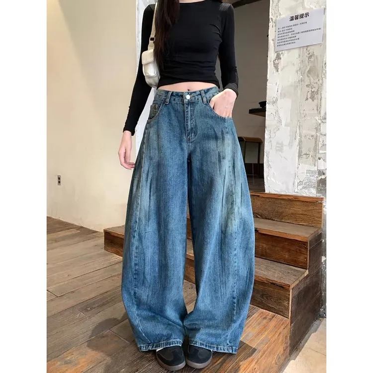 梦动2025秋季新款美式复古设计感水洗脏染宽松低腰阔腿弯刀牛仔长