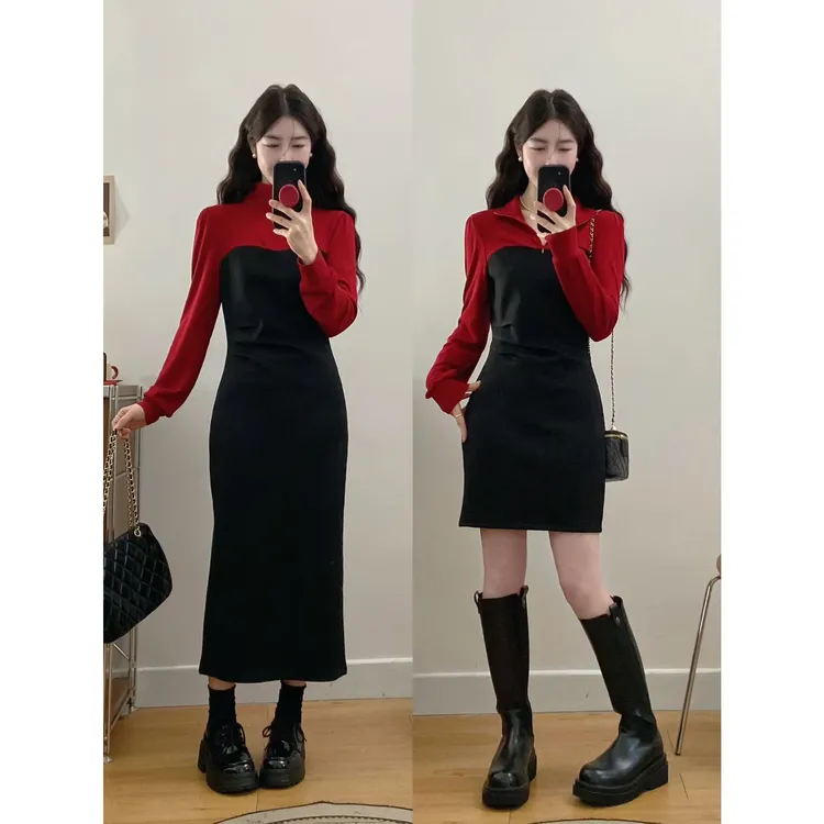 大码女装气质高级感撞色高领连衣裙秋季新款胖mm收腰遮胯显瘦裙子
