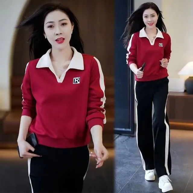 中年妈妈装翻领休闲套装女春秋季新款洋气显瘦大码卫衣长裤两件套