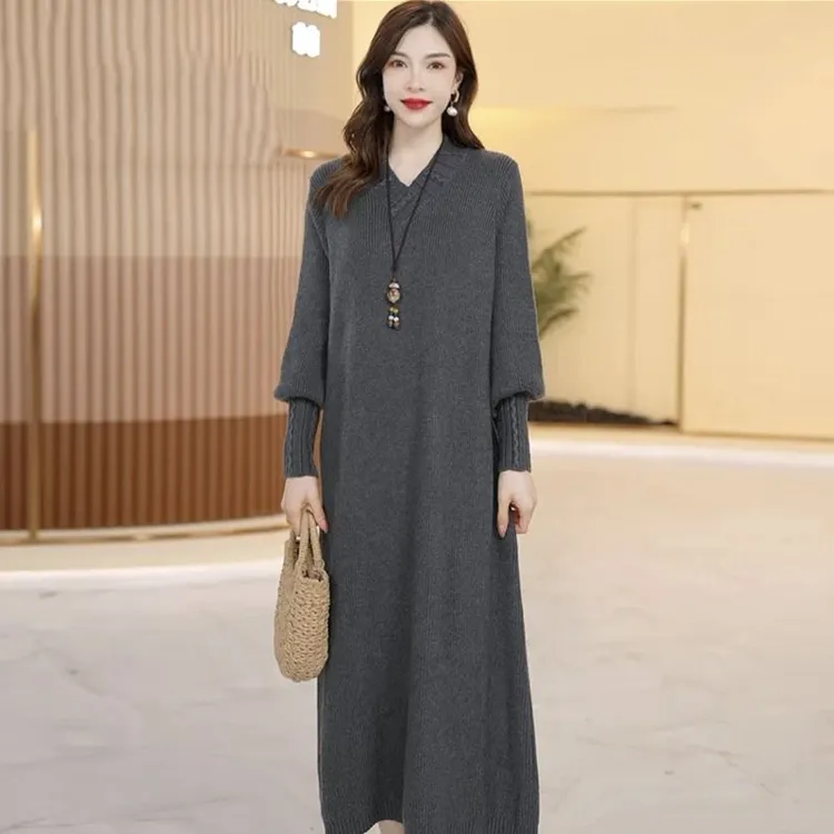 秋冬针织衫女时尚宽松大码打底衫长款过膝显瘦妈妈百搭毛衣连衣裙