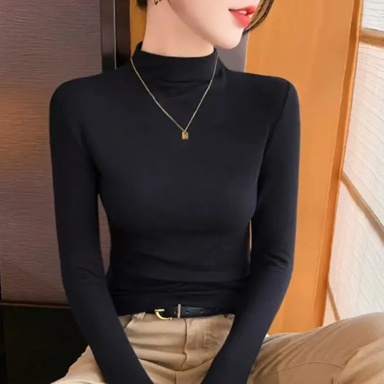 半高领打底衫女长袖百搭磨毛加厚t恤秋冬新款修身基础款内搭上衣
